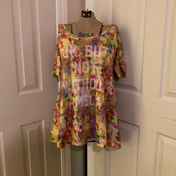 LuluRoe Pink Yellow Geometric Shaped Irma Top - Picture 1 of 6